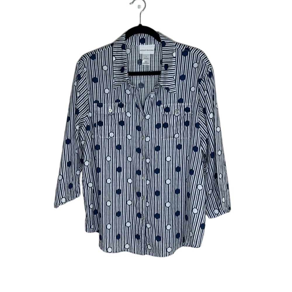 Alfred Dunner 100% Cotton White/Navy Striped Dot Print Button Up Nautical Top L